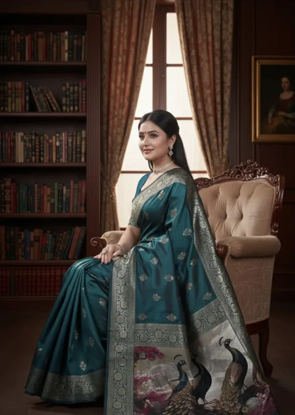 Dark_Blue_Silk_Blend_Self_Design_Banarasi_Saree_For_Women