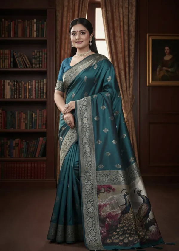 Dark_Blue_Silk_Blend_Self_Design_Banarasi_Saree_For_Women