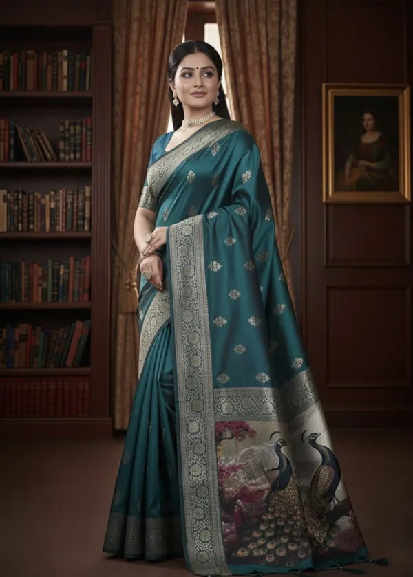 Dark_Blue_Silk_Blend_Self_Design_Banarasi_Saree_For_Women