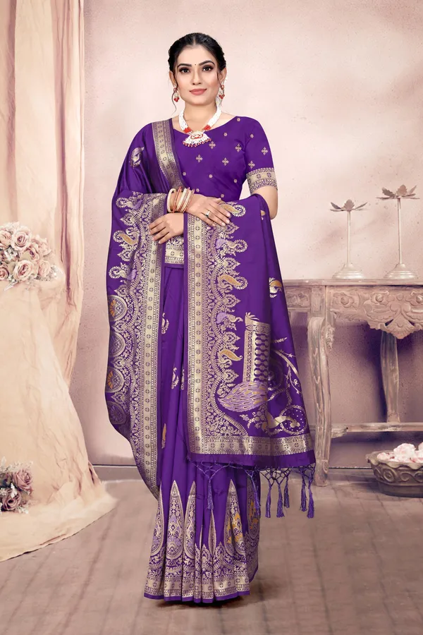 Purple_Silk_Blend_Embroidered_Banarasi_Saree_For_Women