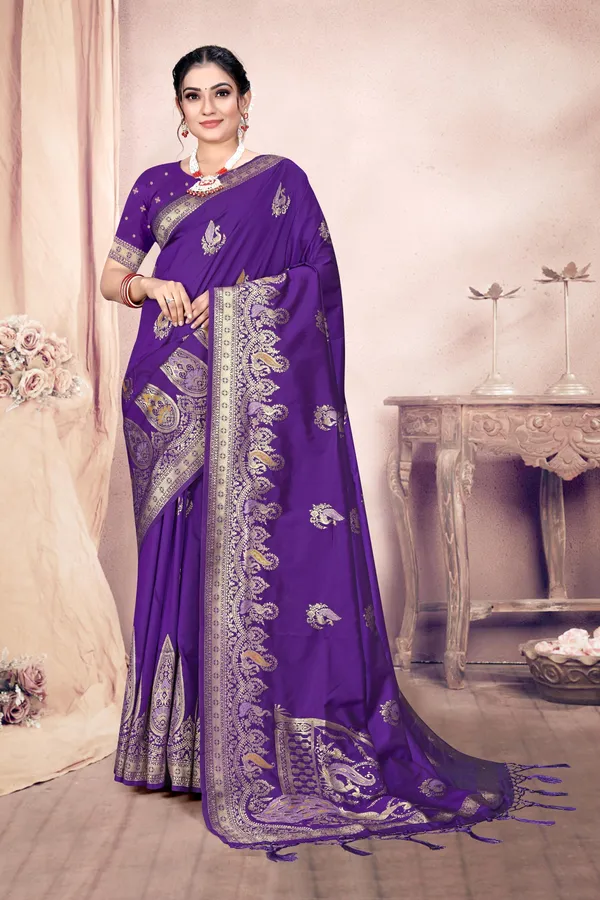 Purple_Silk_Blend_Embroidered_Banarasi_Saree_For_Women
