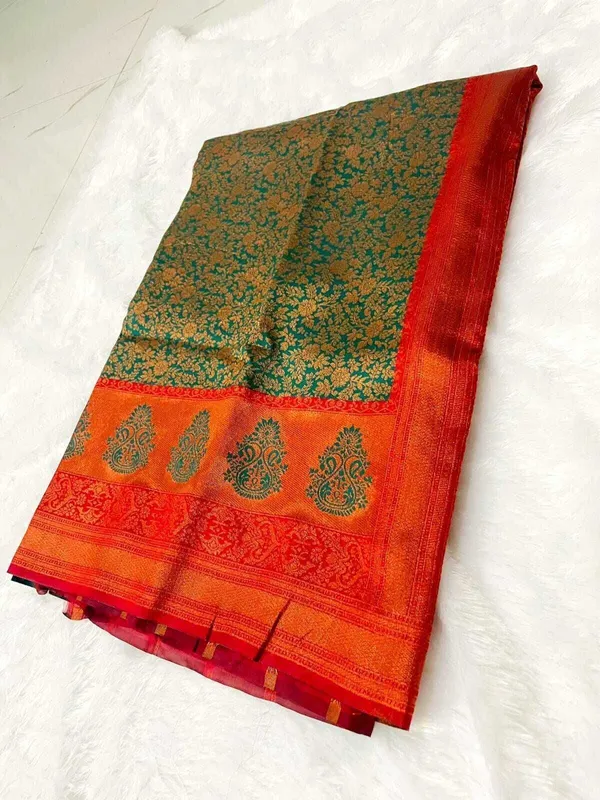 Dark_Green_Silk_Blend_Self_Design_Kanjivaram_Saree_For_Women