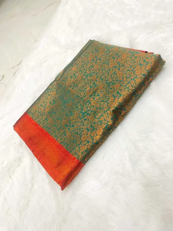 Dark_Green_Silk_Blend_Self_Design_Kanjivaram_Saree_For_Women