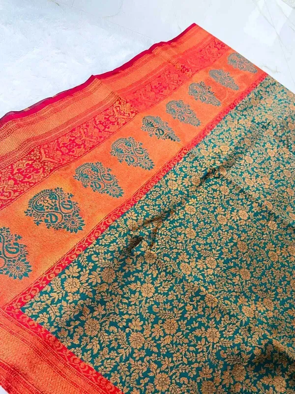 Dark_Green_Silk_Blend_Self_Design_Kanjivaram_Saree_For_Women