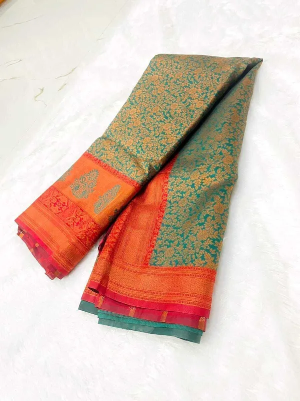 Dark_Green_Silk_Blend_Self_Design_Kanjivaram_Saree_For_Women