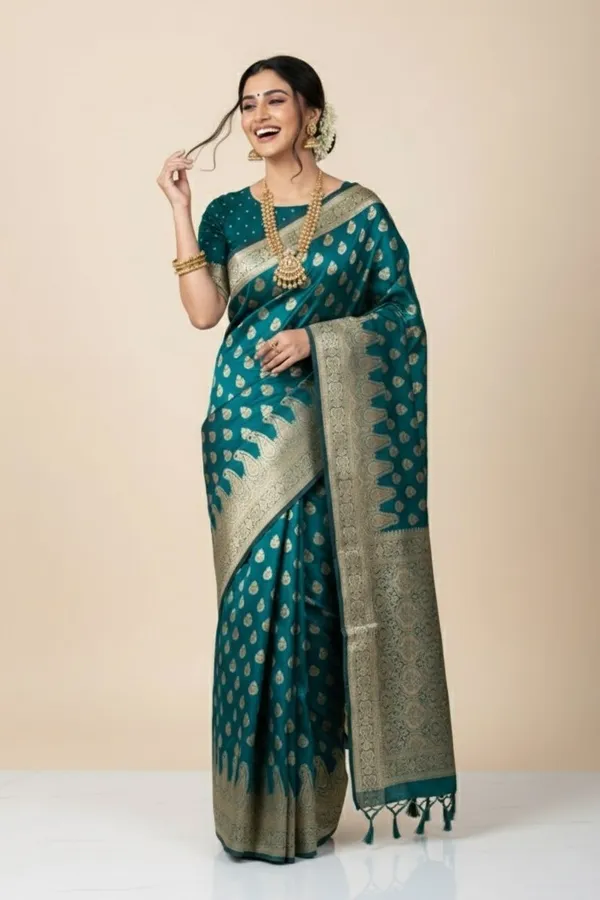 Green_Silk_Blend_Self_Design_Banarasi_Saree_For_Women