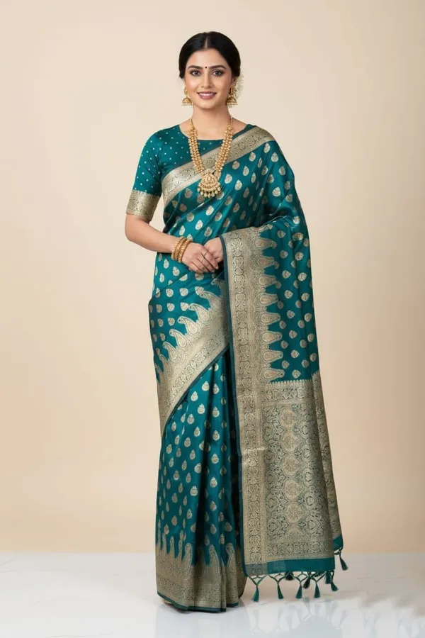 Green_Silk_Blend_Self_Design_Banarasi_Saree_For_Women