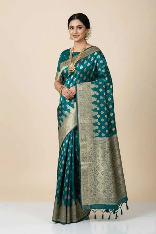 Green_Silk_Blend_Self_Design_Banarasi_Saree_For_Women