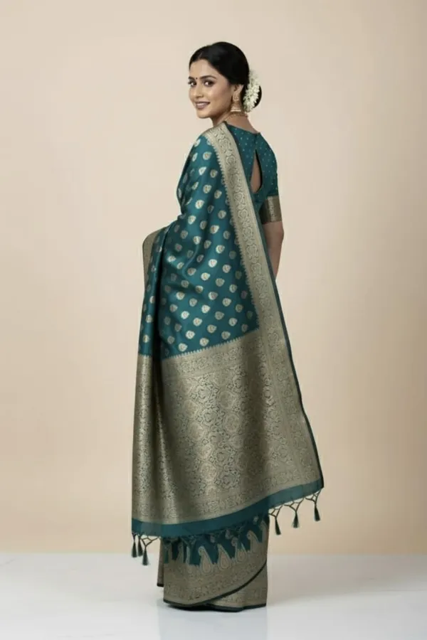 Green_Silk_Blend_Self_Design_Banarasi_Saree_For_Women