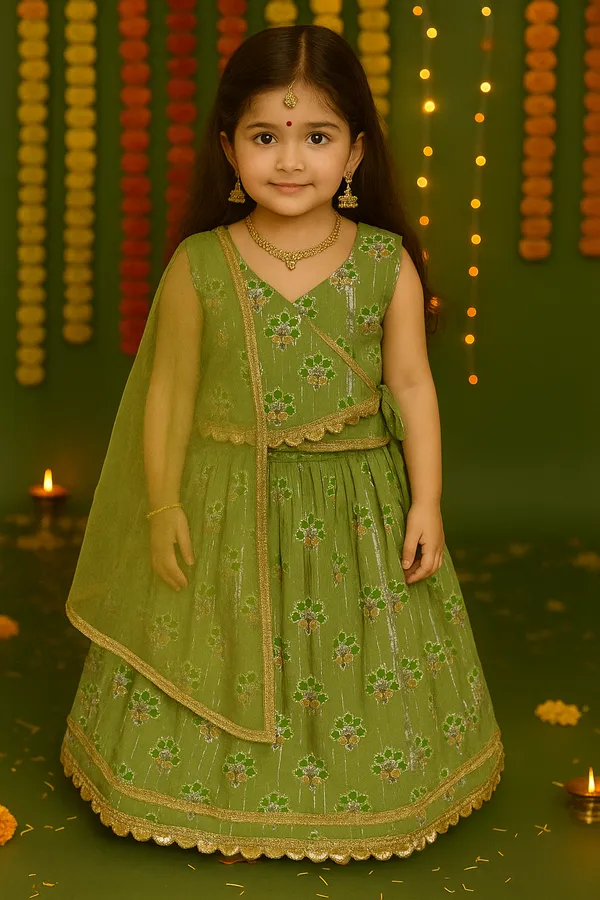 Green_Cotton_Lehenga_Top_For_Girl