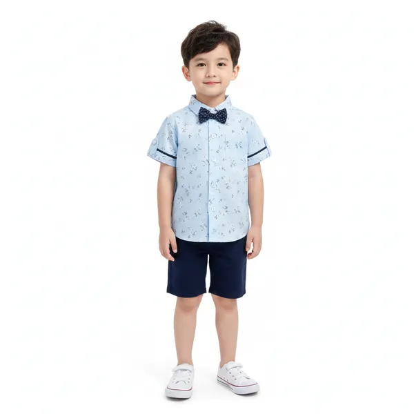 Boys�_Light_Blue_Printed_Short-Sleeve_Shirt_with_Bow_Tie_&_Navy_Shorts_Set