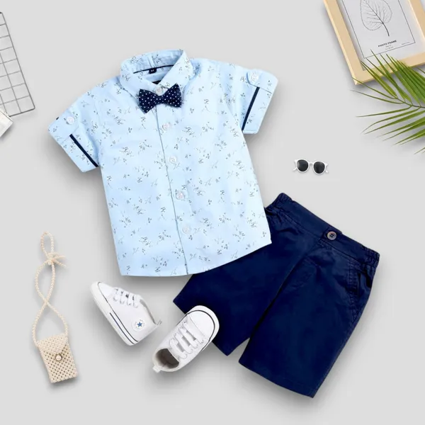 Boys�_Light_Blue_Printed_Short-Sleeve_Shirt_with_Bow_Tie_&_Navy_Shorts_Set