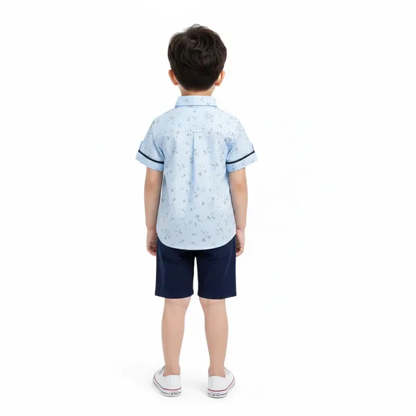 Boys�_Light_Blue_Printed_Short-Sleeve_Shirt_with_Bow_Tie_&_Navy_Shorts_Set
