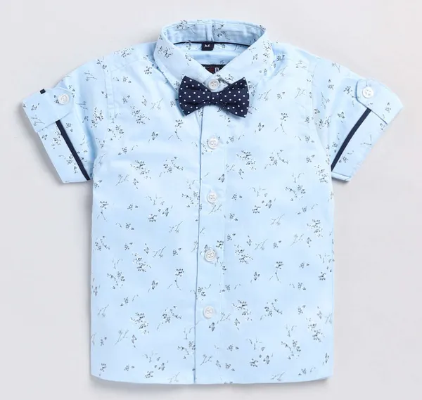 Boys�_Light_Blue_Printed_Short-Sleeve_Shirt_with_Bow_Tie_&_Navy_Shorts_Set