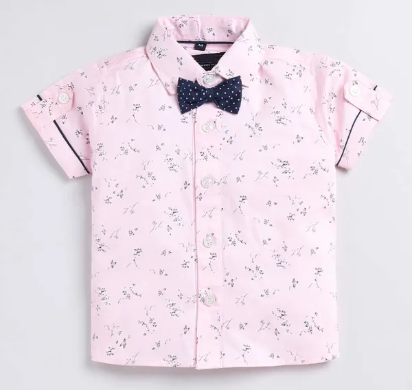Boys�_Pink_Printed_Short-Sleeve_Shirt_with_Bow_Tie_&_Navy_Shorts_Set