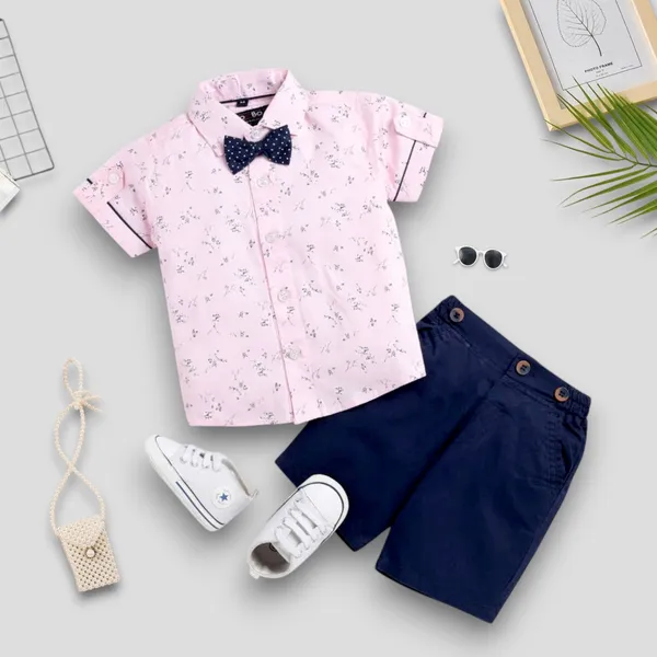 Boys�_Pink_Printed_Short-Sleeve_Shirt_with_Bow_Tie_&_Navy_Shorts_Set