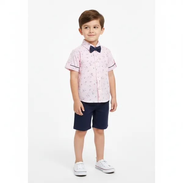 Boys�_Pink_Printed_Short-Sleeve_Shirt_with_Bow_Tie_&_Navy_Shorts_Set