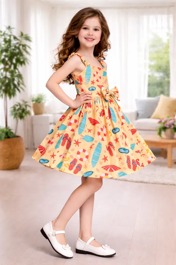 Sunny_Beach_Print_Bow_Flare_Dress_for_Girls