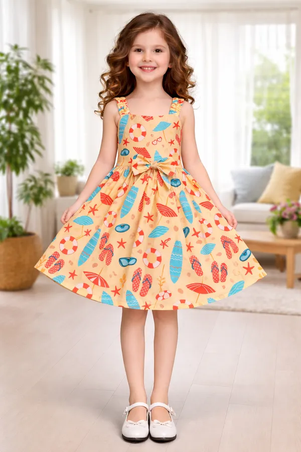 Sunny_Beach_Print_Bow_Flare_Dress_for_Girls