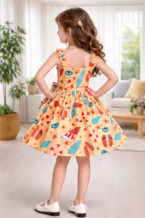 Sunny_Beach_Print_Bow_Flare_Dress_for_Girls