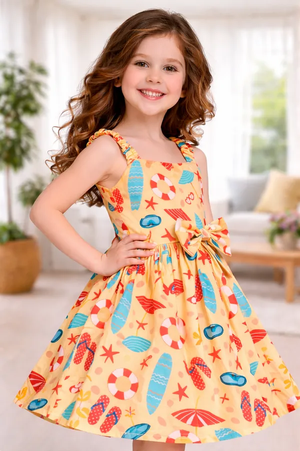 Sunny_Beach_Print_Bow_Flare_Dress_for_Girls