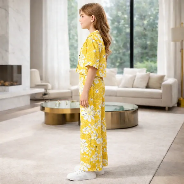 Girls_Yellow_Floral_Printed_Shirt_&_Wide_Leg_Pants_Co-Ord_Set