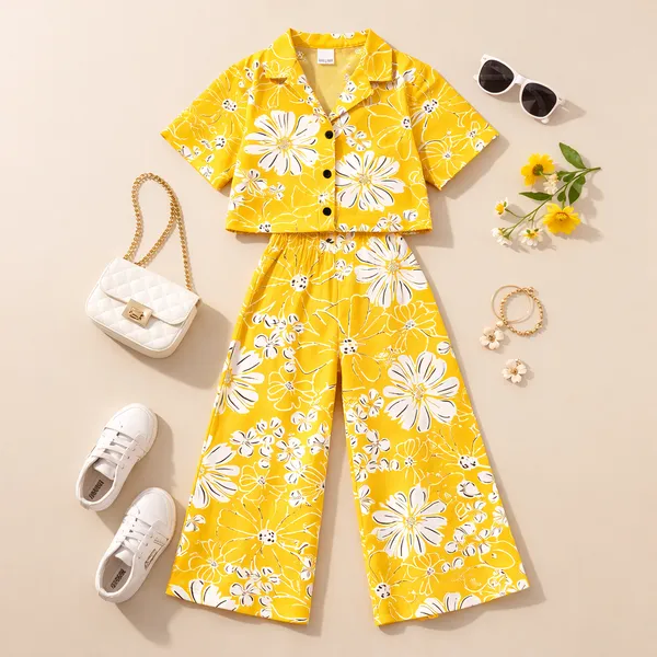 Girls_Yellow_Floral_Printed_Shirt_&_Wide_Leg_Pants_Co-Ord_Set