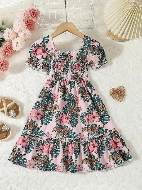 Girls'_Floral_Leopard_Print_Smocked_Puff_Sleeve_Midi_Dress_|_Summer_Casual_Party_Wear_Frock_for_Kids_|_Stylish_Girls_Floral_Puff_Sleeve_Midi_Frock_with_Smocked_Bodice_|_Girls_Summer_Midi_Dress