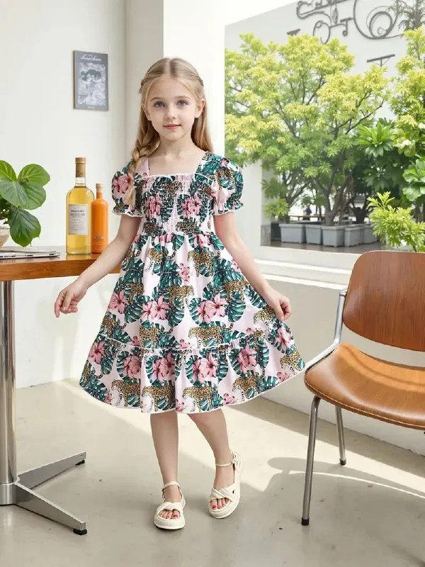 Girls'_Floral_Leopard_Print_Smocked_Puff_Sleeve_Midi_Dress_|_Summer_Casual_Party_Wear_Frock_for_Kids_|_Stylish_Girls_Floral_Puff_Sleeve_Midi_Frock_with_Smocked_Bodice_|_Girls_Summer_Midi_Dress