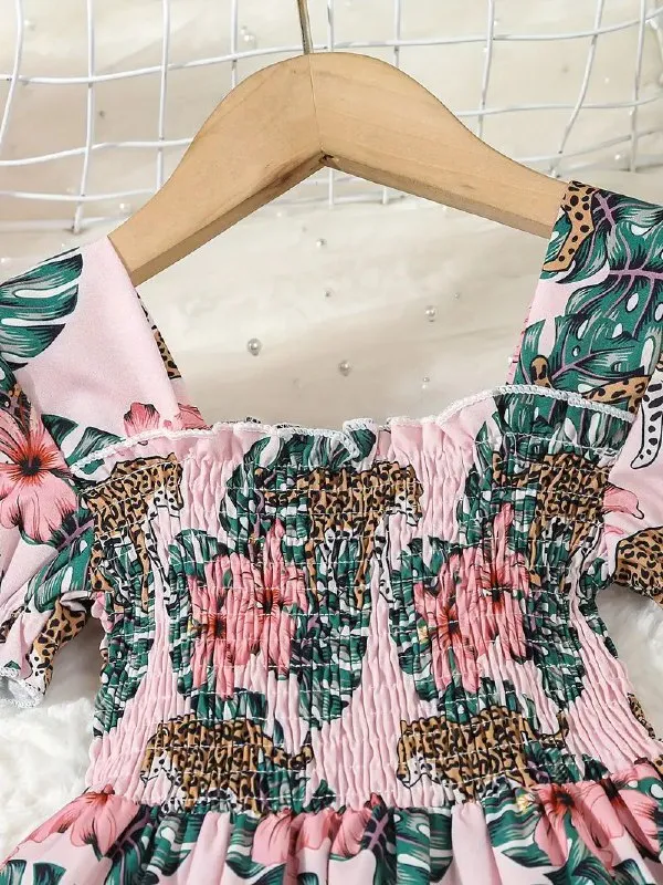 Girls'_Floral_Leopard_Print_Smocked_Puff_Sleeve_Midi_Dress_|_Summer_Casual_Party_Wear_Frock_for_Kids_|_Stylish_Girls_Floral_Puff_Sleeve_Midi_Frock_with_Smocked_Bodice_|_Girls_Summer_Midi_Dress