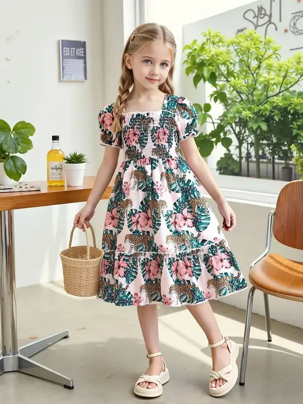 Girls'_Floral_Leopard_Print_Smocked_Puff_Sleeve_Midi_Dress_|_Summer_Casual_Party_Wear_Frock_for_Kids_|_Stylish_Girls_Floral_Puff_Sleeve_Midi_Frock_with_Smocked_Bodice_|_Girls_Summer_Midi_Dress