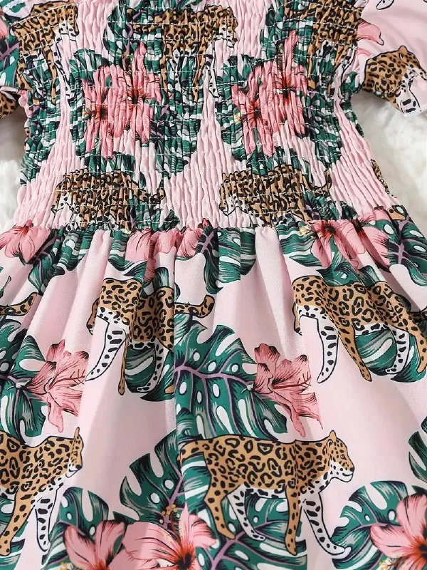 Girls'_Floral_Leopard_Print_Smocked_Puff_Sleeve_Midi_Dress_|_Summer_Casual_Party_Wear_Frock_for_Kids_|_Stylish_Girls_Floral_Puff_Sleeve_Midi_Frock_with_Smocked_Bodice_|_Girls_Summer_Midi_Dress