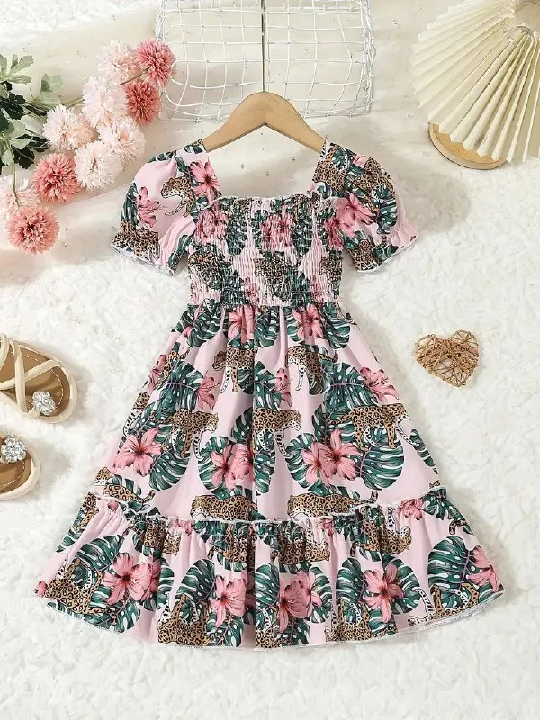 Girls'_Floral_Leopard_Print_Smocked_Puff_Sleeve_Midi_Dress_|_Summer_Casual_Party_Wear_Frock_for_Kids_|_Stylish_Girls_Floral_Puff_Sleeve_Midi_Frock_with_Smocked_Bodice_|_Girls_Summer_Midi_Dress