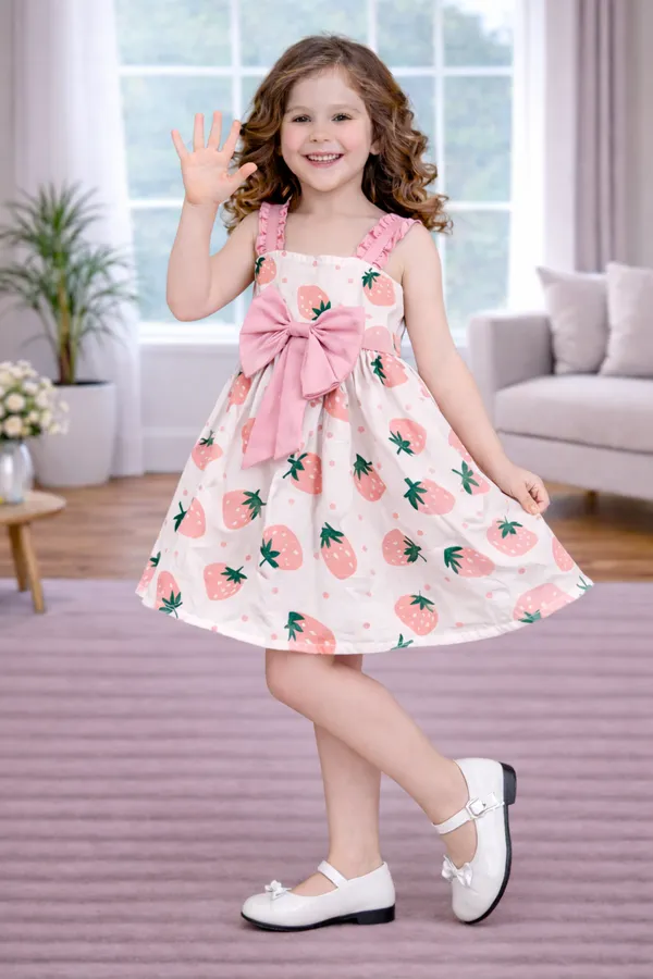 Sweet_Strawberry_Pink_Bow_Flare_Dress_for_Girls