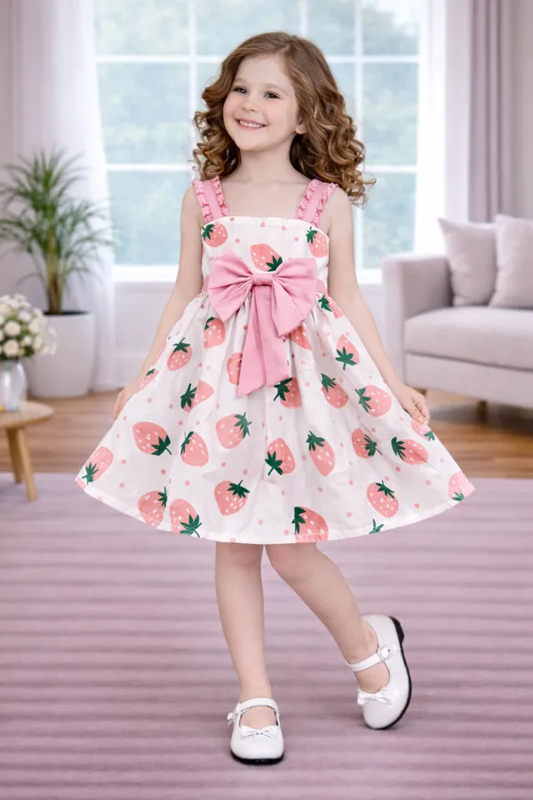 Sweet_Strawberry_Pink_Bow_Flare_Dress_for_Girls