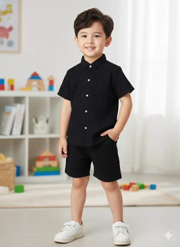 Kids_Classic_Black_Casual_Shirt_Shorts_Set