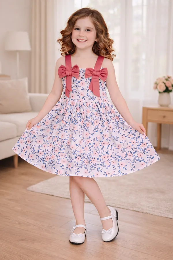 Floral_Print_Double_Bow_Strap_Flare_Dress_for_Girls