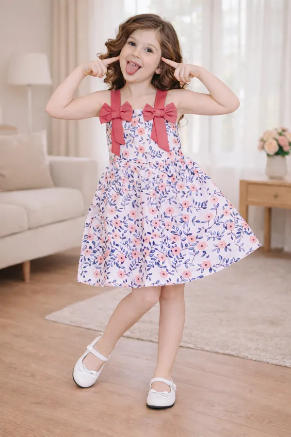 Floral_Print_Double_Bow_Strap_Flare_Dress_for_Girls