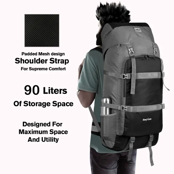 SeenLee_90L_Travel_&_Trekking_Backpack_for_Men_&_Women_|_Extra-Large_Waterproof_Hiking_Rucksack_with_Multi-Strap_Support_&_Storage_|_Camping_&_Outdoor_Backpack_(Grey)