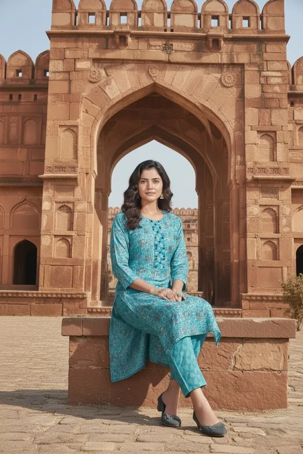 Cotton_Printed_Firozi_Straight_Kurti