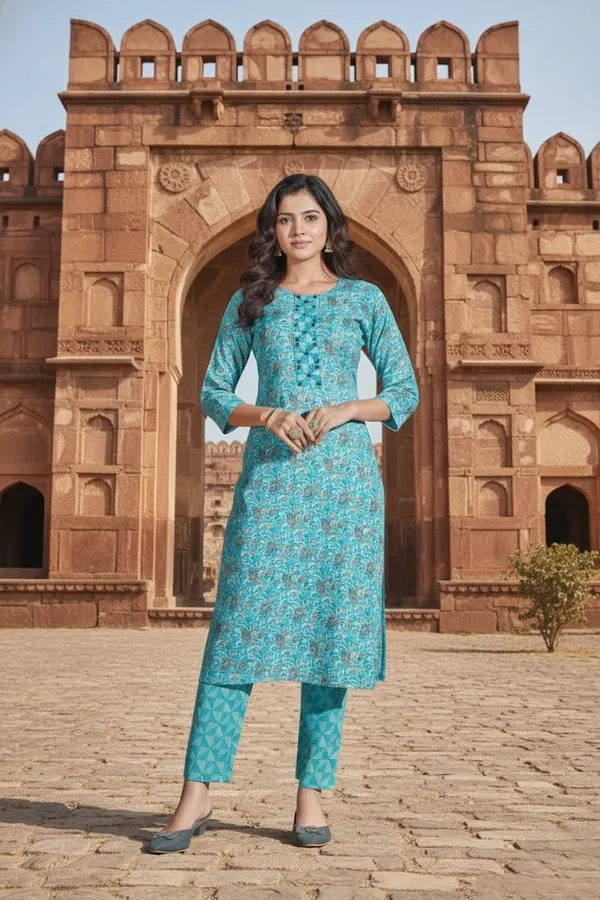 Cotton_Printed_Firozi_Straight_Kurti