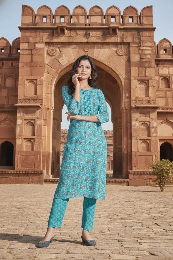 Cotton_Printed_Firozi_Straight_Kurti