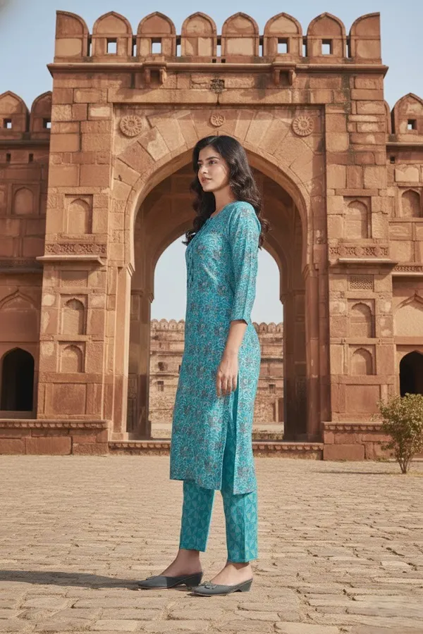 Cotton_Printed_Firozi_Straight_Kurti