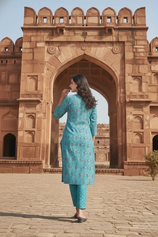 Cotton_Printed_Firozi_Straight_Kurti