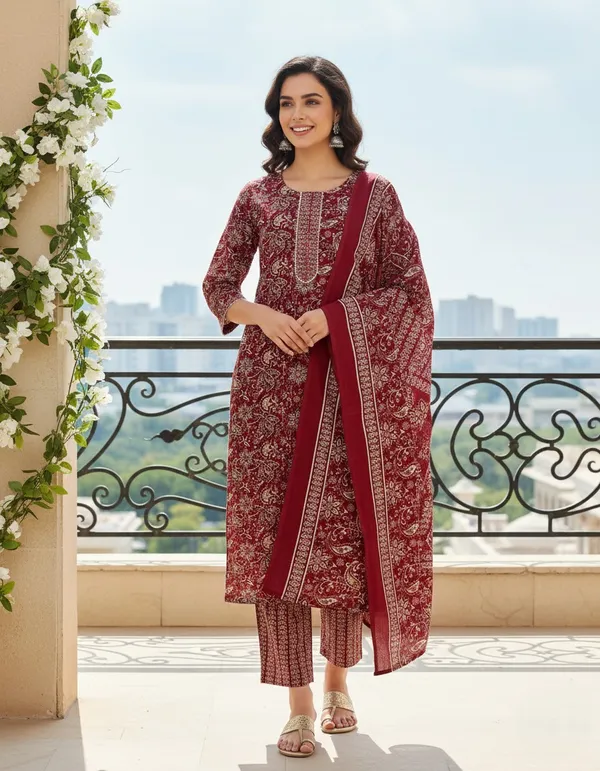 Maroon_Cotton_Blend_Suit_Set_with_Dupatta