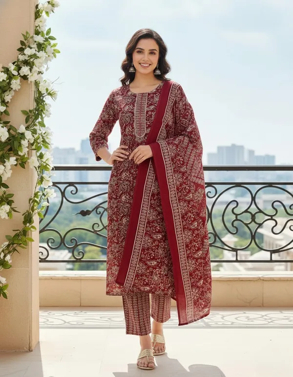 Maroon_Cotton_Blend_Suit_Set_with_Dupatta