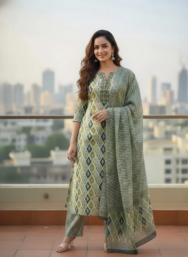 Vibrant_Mustard_Green_Floral_Print_Cotton_Kurta_Set