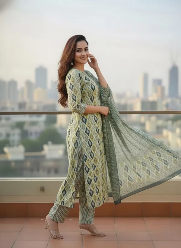Vibrant_Mustard_Green_Floral_Print_Cotton_Kurta_Set