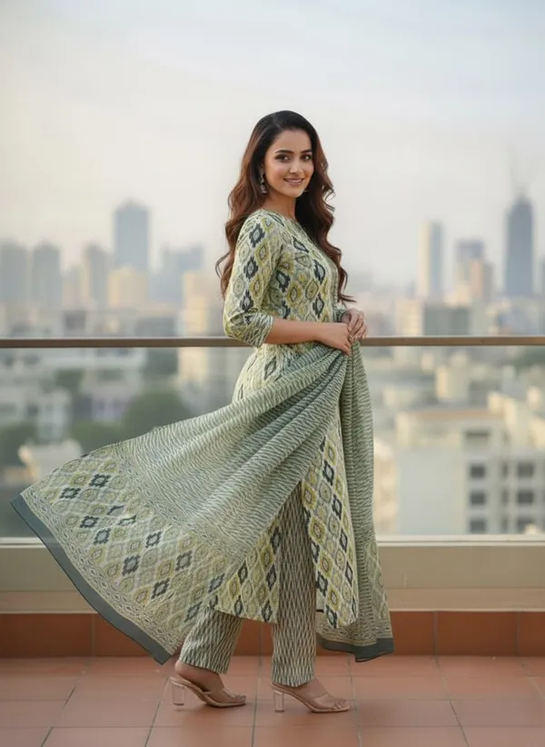 Vibrant_Mustard_Green_Floral_Print_Cotton_Kurta_Set