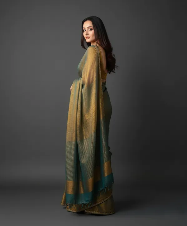Ethereal_Dual-Tone_Metallic_Shimmer_Saree_in_Teal_and_Antique_Gold_–_Hand-Woven_Tissue_Silk_with_Intricate_Zari_Border_and_Matching_Blouse_Piece